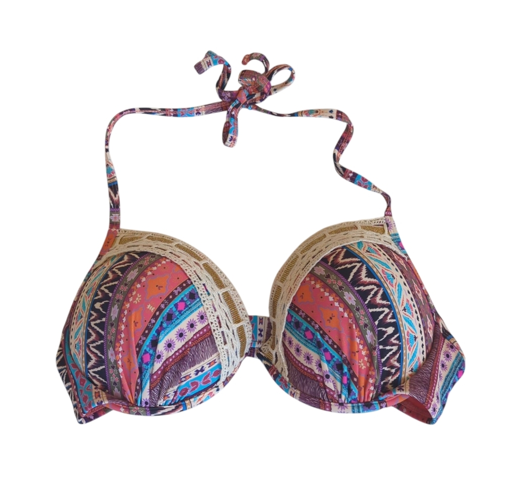 Time & Tru Crochet Metallic Push-Up Underwire Bikini Swim Top MEDIUM Coral Cream